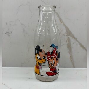 Vintage Disney Mickey Minnie Pluto Donald Character Glass Milk Bottle France
